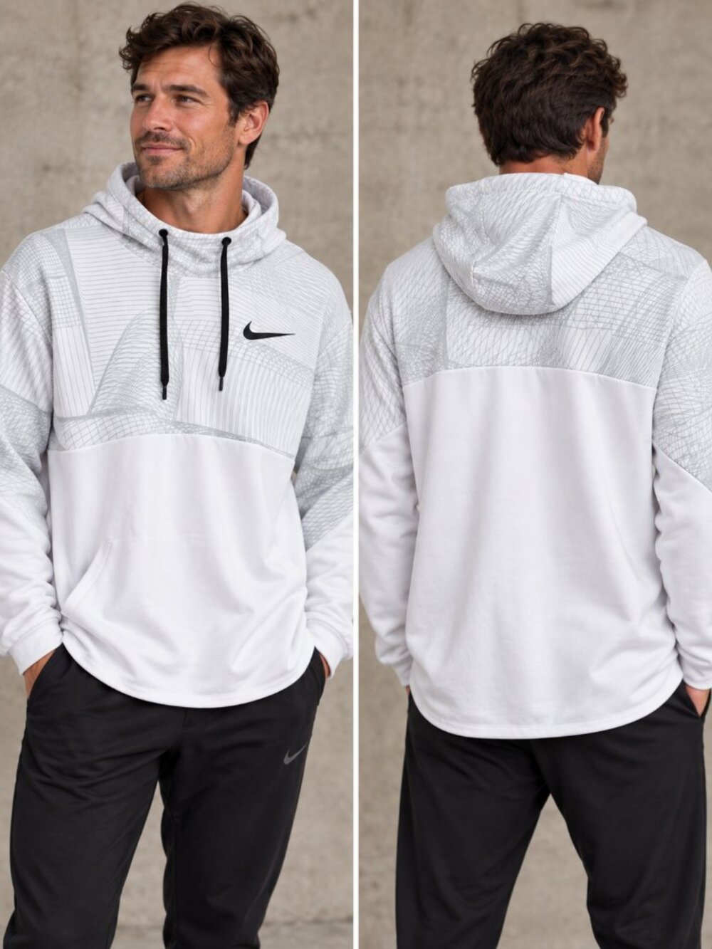Nike Dri-FIT Men’s XL White Gray Geometric Pullover Hoodie Training Athletic